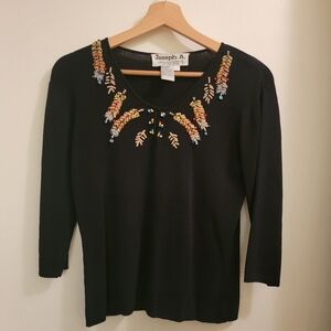 Joseph A Qu'est-ce QueC'est Black Beaded Women's Shirt Sz L Stretch 3/4 Sleeve